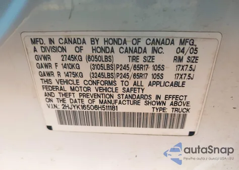 2006 Honda Ridgeline Rtl z USA, uszkodzony, nr VIN 2HJYK16506H511181